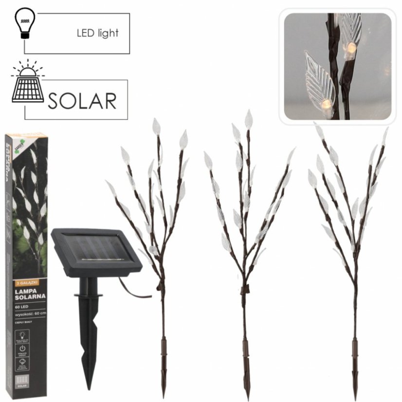 48 Solárna lampa 3 vetvy, 60 LED, teplá biela, 60 cm
