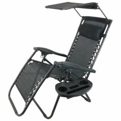 Skladacia záhradná ležadlo s podstavcom, vreckom, strieškoua opěrkou hlavy, černé
