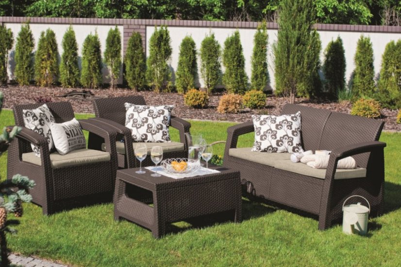 Keter záhradný set Corfu hnedá (2x kreslo + 1xstolík + 1x sofa)