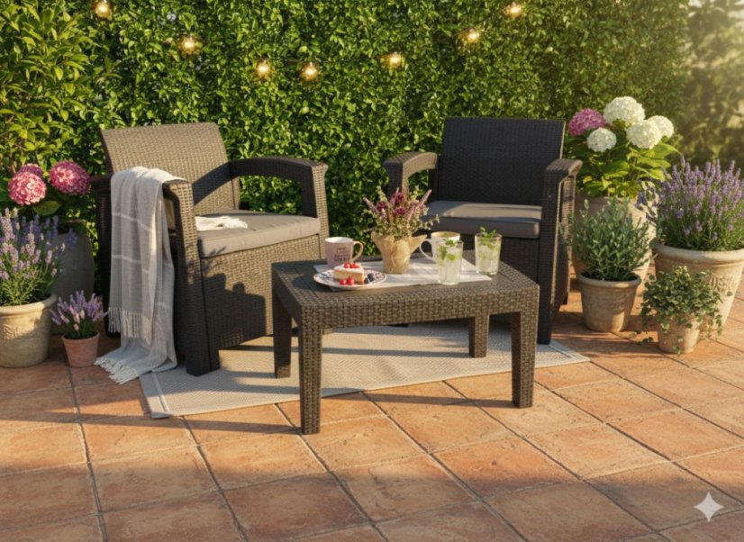Gardenline Balkónový záhradný set nábytku Rattan stôl + 2 kreslá