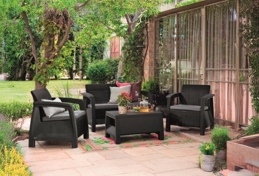 Keter záhradný set CORFU grafit (2x kreslo + 1xstolík + 1x sofa)