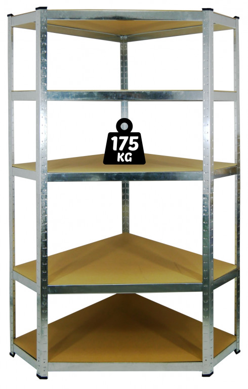 Rohový regál 180x90x30cm, 5 políc, oceľ + MDF doska